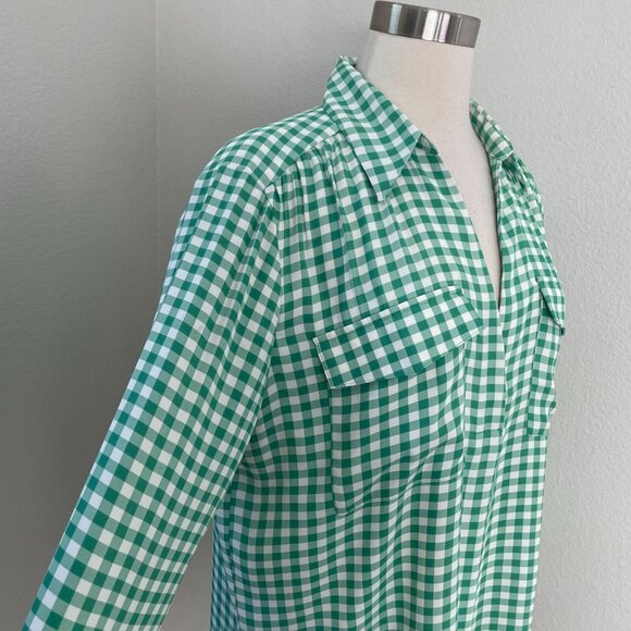 Ann Taylor Womens Large Green White Gingham Long Sleeve Blouse Shirt Top - Picture 8 of 13